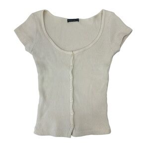 Brandy Melville Ivory Ribbed Scoop Neck Short Sleeve Jersey Top